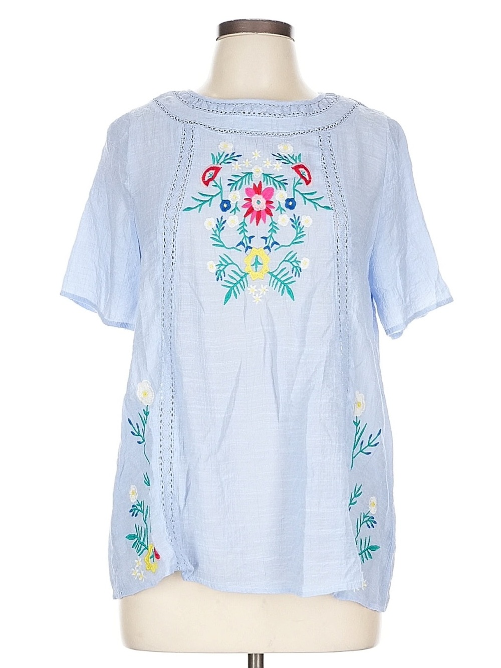 Umgee Periwinkle Boho Floral Embroidered Lightweight Short Sleeve Top• Large